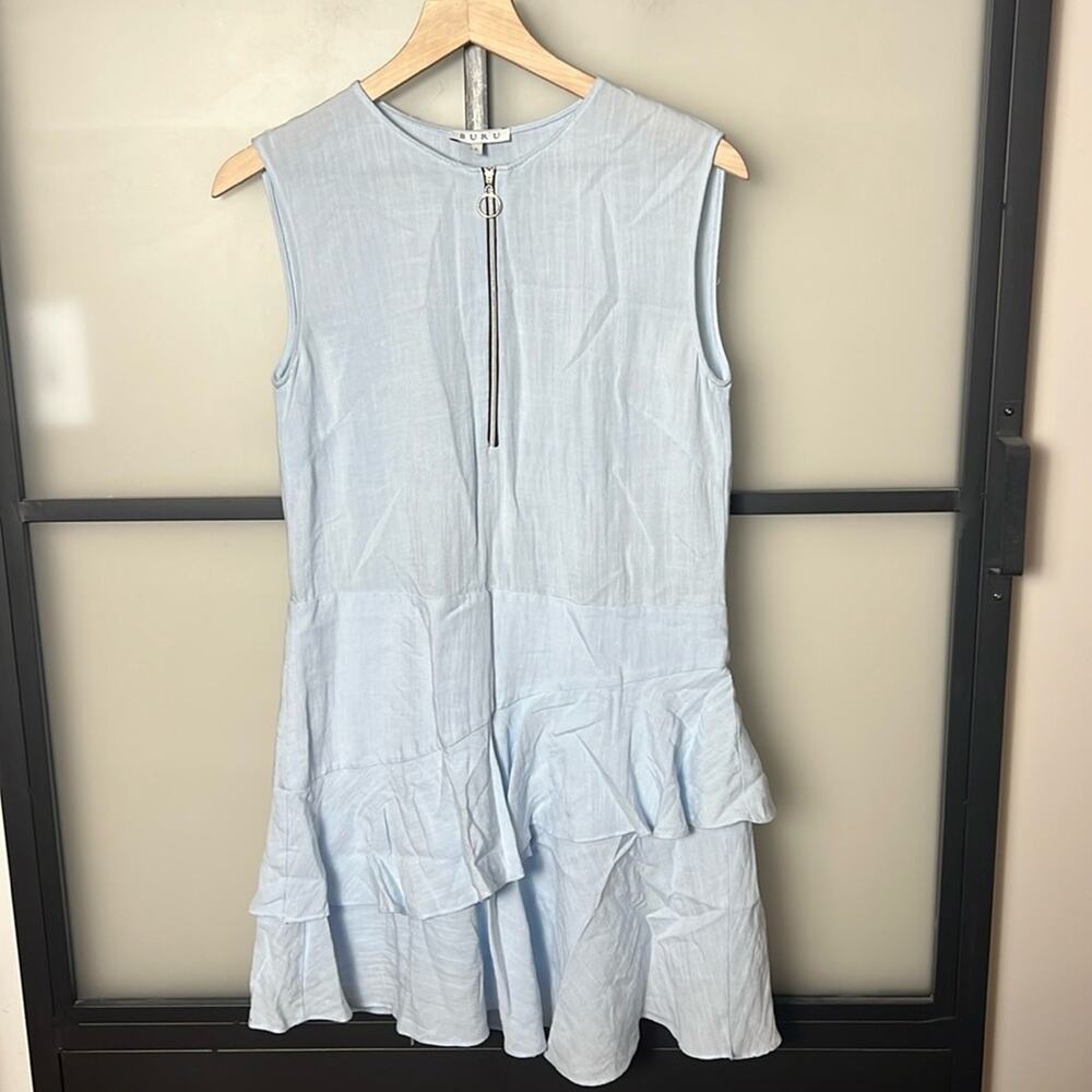 BURU Tiered Chambray Light Blue Mini Dress with Zipper Detail Size Small